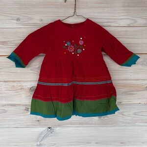 Catimini Red Corduroy Floral Embroidered Tiered Dress $135